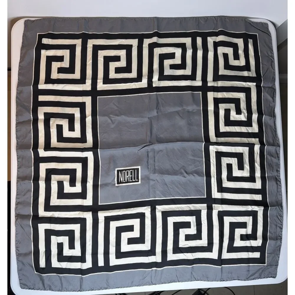 Vintage Rare Norman Norell Greek Key Gray Black White Logo Signature Silk Scarf